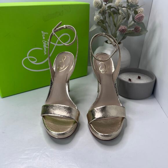 Sam Edelman Jade Leather Heels Gold Ankle Strap I0175L2701 Women 9.5M Tried On - Picture 2 of 11